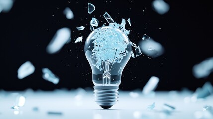 Wall Mural - A traditional incandescent light bulb shattering at the moment of impact, with sharp shards of glass flying outward against a black background, frozen in time.