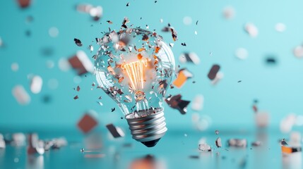 Wall Mural - Close up shot of a light bulb bursting, the filament still glowing brightly, surrounded by a chaotic explosion of tiny glass fragments against a vibrant blue background.