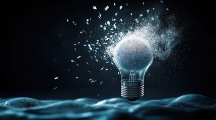 Wall Mural - A glowing orb of pure energy forming at the heart of an exploding light bulb, the energy radiating outwards in pulsating waves, against a black background.