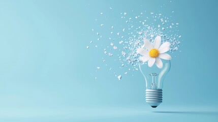 Wall Mural - A light bulb shattering and transforming into a blossoming flower, representing the growth and evolution of ideas through the process of disruption and innovation.