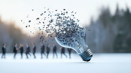 Wall Mural - A light bulb exploding in front of a group of businesspeople brainstorming ideas, representing the importance of disruptive thinking in a corporate setting.