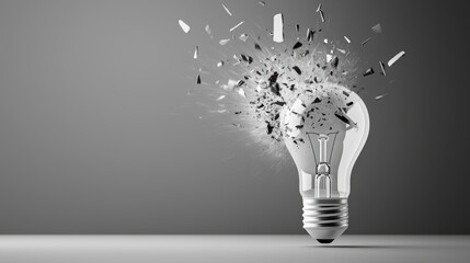 Wall Mural - Black and white photography of an exploding light bulb, highlighting the contrast and texture of the shattered glass, creating a minimalist and abstract image.