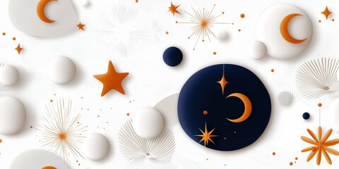 Wall Mural - Colorful celestial pattern featuring moons, stars, and abstract shapes on a white background. Seamless Pattern Concept.