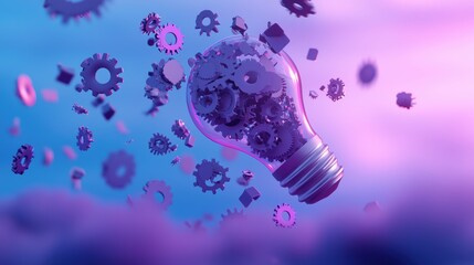 Wall Mural - An exploding light bulb with gears and cogs flying out, representing the mechanics of innovation and the importance of engineering and design.