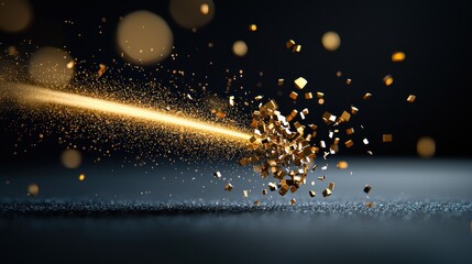 Wall Mural - a stream of golden particles shooting across a black background, leaving a trail of light and moveme