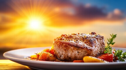 Aufkleber - Grilled pork chop served with colorful vegetables during sunset. Generative AI