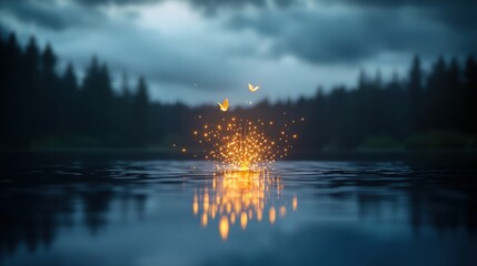 Wall Mural - golden fireworks reflected on the surface of a lake, creating a symmetrical and mesmerizing visual.