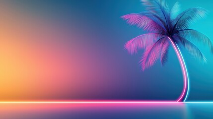 Wall Mural - a dark background with a single palm tree silhouette illuminated by a vertical gradient neon light, 