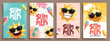 © AmazeinDesign - Hello summer clipart poster set. Summer greeting card clip art with sun wearing sunglasses and tropical elements in colorful background vector illustration.