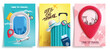 © AmazeinDesign - Travel time clipart poster set. Travel and tour clip art collection with luggage bag, airplane and location pin for international vacation flight vector illustration.
