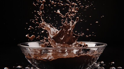 Poster - Chocolate splashes in a glass bowl captured in high detail against a dark background. Generative AI