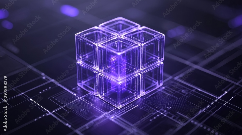Abstract glowing cubic structure representing digital network ...