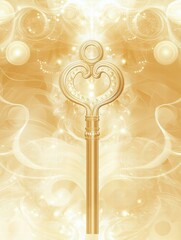 Poster - Golden heart shaped key surrounded by ethereal light with soft glowing orbs and swirls creating a magical atmosphere. Generative AI