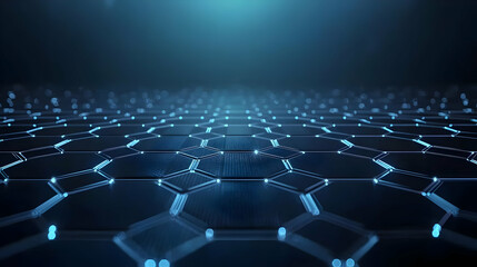 Abstract Blue Hexagonal Grid with Digital Data Flowing Across a Dark Futuristic Background