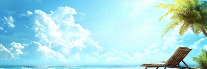 Fototapete - Tropical beach with lounge chair under bright blue sky and palm trees on a sunny day. Generative AI