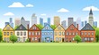 © Artajar - Vibrant neighborhood vector illustration showcasing charming houses and a modern city skyline for real estate and community themed designs