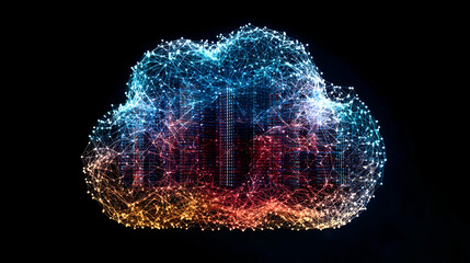 Abstract Cloud Shape Composed Of Blue And Orange Glowing Dots Against Dark Background
