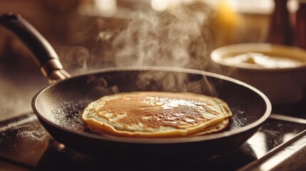 Poster - Cooking fluffy pancakes in a cozy kitchen with steam rising from the skillet in the morning sunlight. Generative AI