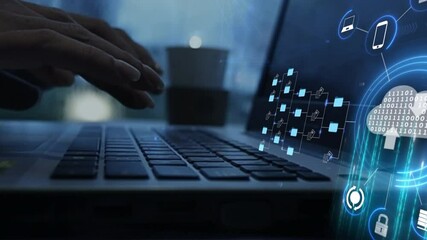 Wall Mural - businesswoman using computer, futuristic holographic interface on cloud, document folder and data sc
