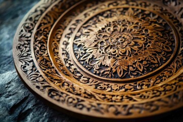 Poster - Intricately carved wooden plate resting on a stone textured surface