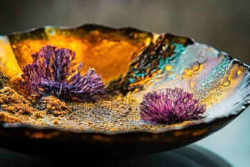 Poster - Detailed view of an artistic bowl and some purple flora