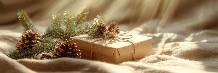 Aufkleber - Beautifully wrapped gift with pine cones and greenery on soft fabric backdrop during holiday season. Generative AI