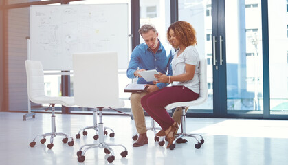 Poster - Teamwork, people and review of project, tablet and performance of ad campaign, online and office. Conversation, copywriter and collaboration for marketing strategy, creative and colleagues with tech