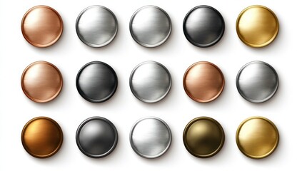 collection of metallic buttons in various colors and finishes.