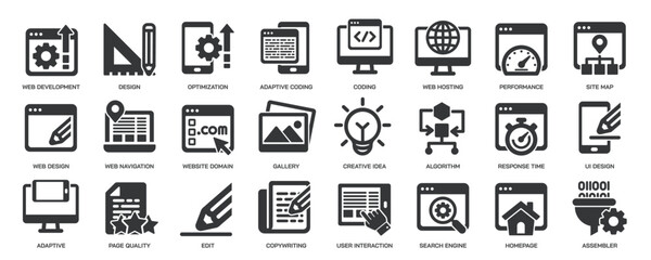 Web development glyph solid icons collection. Containing web design, coding, set, web page. Minimal icon and symbol series vector illustration