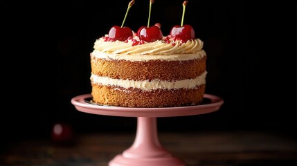 Wall Mural - Cake stands on pink platform with cream layers, topped with cherries on dark background