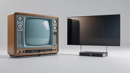 Retro TV vs Modern Flat Screen, Television Evolution, Vintage CRT and Smart TV, Old vs New Technology, Home Entertainment, Classic Design, Innovation in Media, Minimalist Background