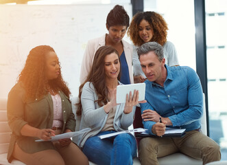 Poster - Creative, group and teamwork for project, tablet and performance of ad campaign, planning and office. Conversation, copywriter and collaboration for marketing strategy, people or colleagues with tech