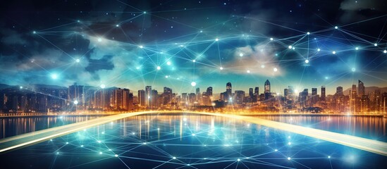 Smart city and abstract blue polygon lines connection technology. AI generated image