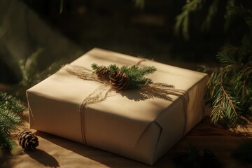 Aufkleber - Gift wrapped in brown paper with pine cones and greenery during winter. Generative AI