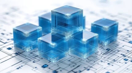 abstract technology concept with glowing blue cubes representing innovation data network and digital