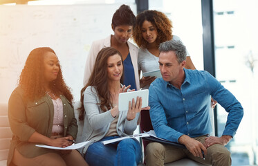 Poster - Planning, group and teamwork for project, tablet and performance of ad campaign, creative and office. Conversation, copywriter and collaboration for marketing strategy, people or colleagues with tech