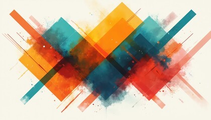 Aufkleber - Modern abstract geometric composition features colorful design of intersecting rectangles, lines with watercolor texture effect. Vibrant, dynamic shapes create artistic background. Multi-colored