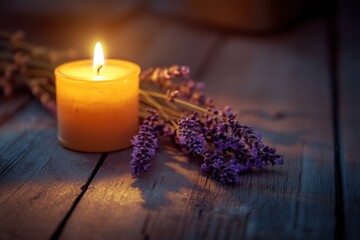 Aufkleber - Candle burns softly beside fresh lavender on wooden surface creating a calming atmosphere during evening hours. Generative AI