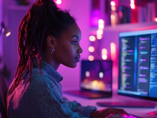 focused young woman coding on computer in purple-lit room