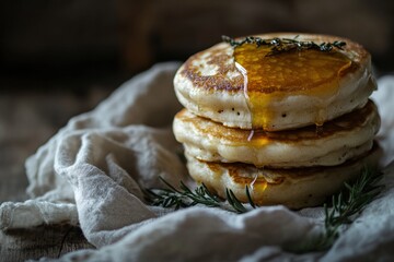Poster - Stack of fluffy pancakes drizzled with syrup and garnished with herb on a rustic wooden table. Generative AI