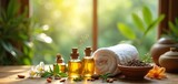 Ayurvedic spa still life with aroma oil essence in bottles, flowers. Rolled white towels, seeds in ceramic bowl on wooden table, green plants. Natural aromatherapy wellness, healthcare procedure.