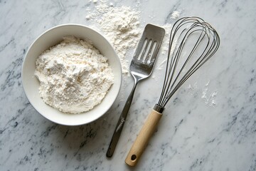 Aufkleber - Mixing flour and utensils on a marble countertop for baking preparation in a kitchen. Generative AI