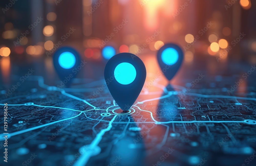 Digital glowing location point markers on neon city map with glowing ...