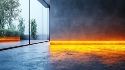 Wall Mural - Modern minimalist room with orange neon light and large window.