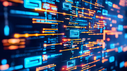 Abstract digital network data flow visualization with blue and orange lines and lights