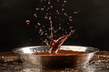 Poster - Chocolate splashes in a metal tray creating dynamic patterns during an artistic culinary demonstration. Generative AI