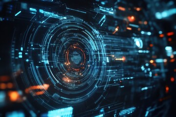 Wall Mural - futuristic digital circuit design showcasing vibrant blue and orange elements in a complex technolog