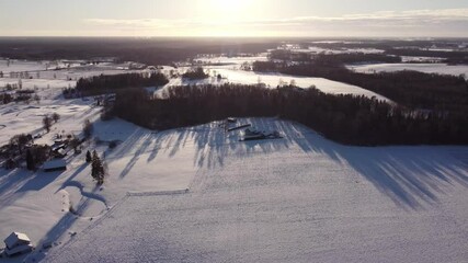 Wall Mural - Aerial view of a winter landscape at sunset with snowy fields, forests, and long shadows stretching across the land in Krimulda, Latvia, creating a serene and picturesque scene, drone pulling out shot