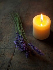 Aufkleber - Lavender sprigs beside a glowing candle on rustic wooden surface, creating a calming atmosphere in soft light. Generative AI