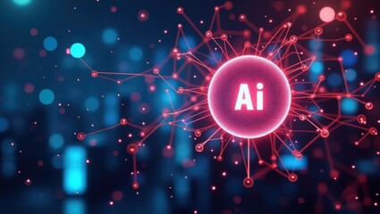 Responsible Ai. Abstract glowing pink AI icon connected network nodes, digital innovation technology concept, futuristic data visualization background, cyber security, artificial intelligence theme,